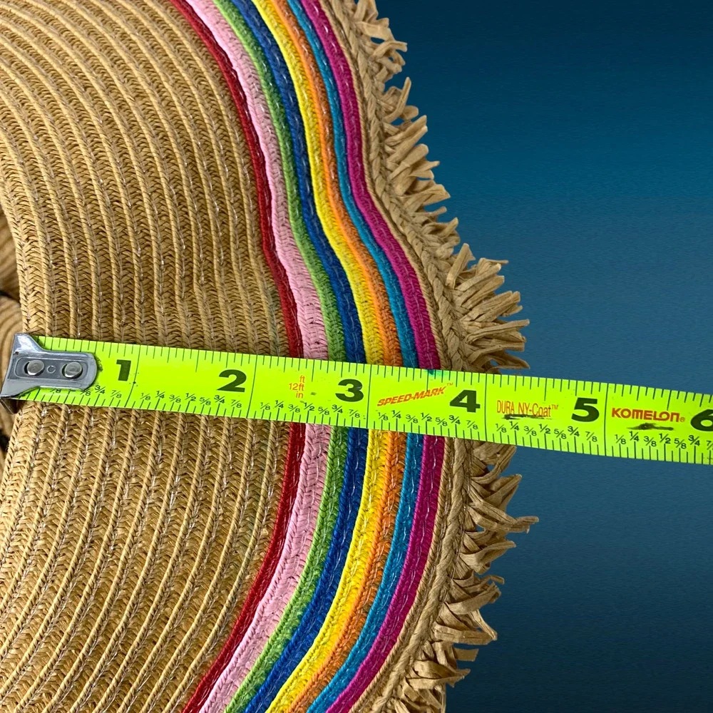 Betsey Johnson Rainbow Ribbon Floppy Sun Hat Wide Brim Straw Beach O/S Adjusts